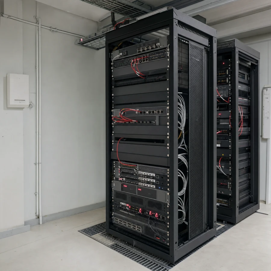 Racks de rede reais com equipamentos e cabeamento organizados em uma sala técnica de provedor